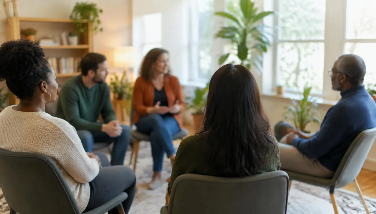 A small group of adults talking in a circle of chairs during a counseling session in a bright room