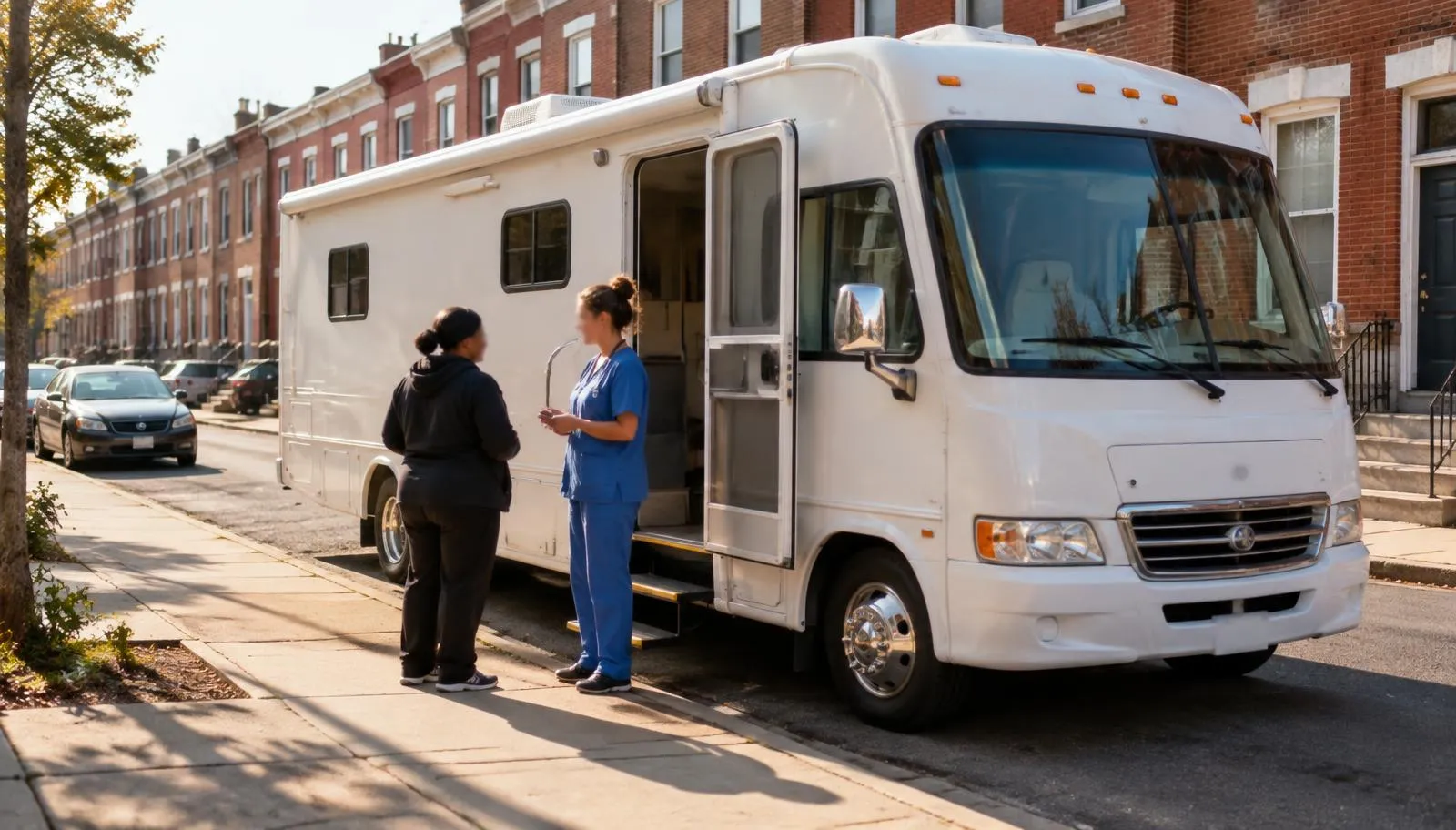A nurse talks with a person outside a white mobile clinic parked on a Philadelphia rowhouse street