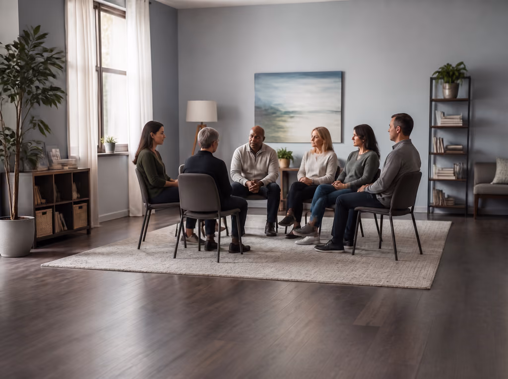Adults participating in a supportive recovery group meeting